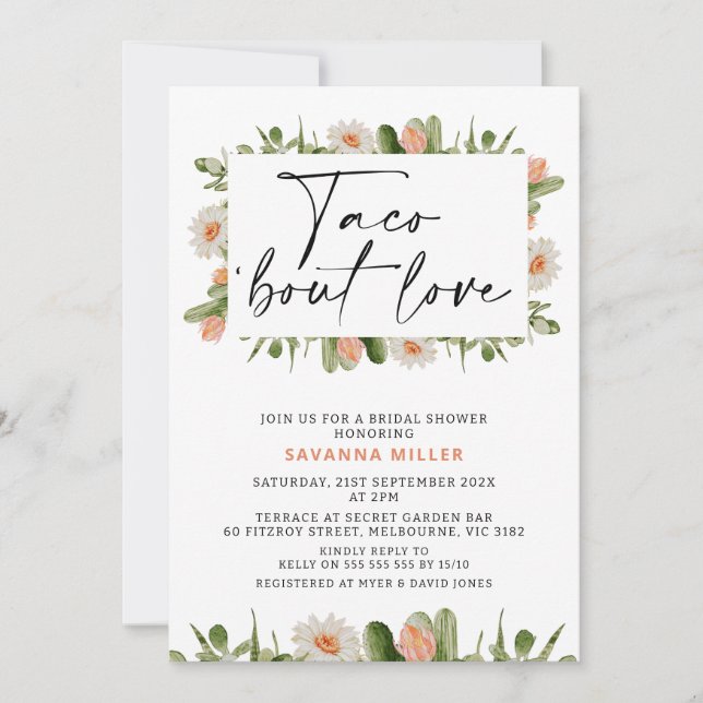Orange White Cactus Taco 'bout Love Couples Shower Invitation (Front)