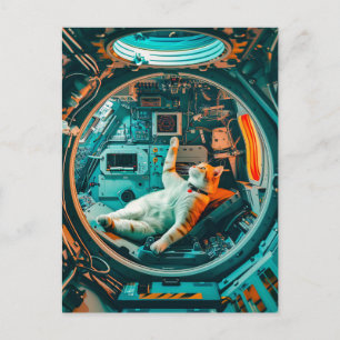 Orange white cat in spacecraft cockpit holiday postcard
