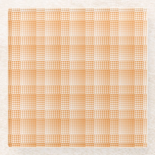 Orange White Checker Abstract Pattern Glass Coaster (Front)