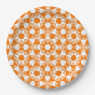 Orange White Checker Diamond Plaid Pattern Paper Plate