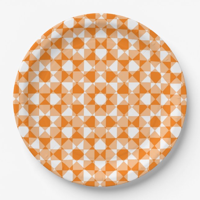 Orange White Checker Diamond Plaid Pattern Paper Plate (Front)