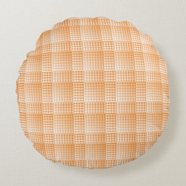 Orange White Chequered Abstract Pattern Round Pillow (Front)