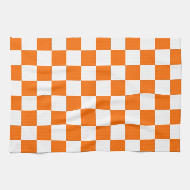 Orange White Chequered Check Pattern Kitchen Towel (Horizontal)