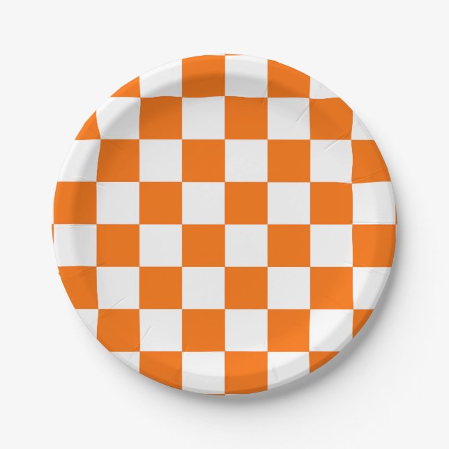 Orange White Chequered Check Pattern Paper Plate (Front)
