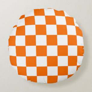 Orange White Chequered Check Pattern Round Pillow