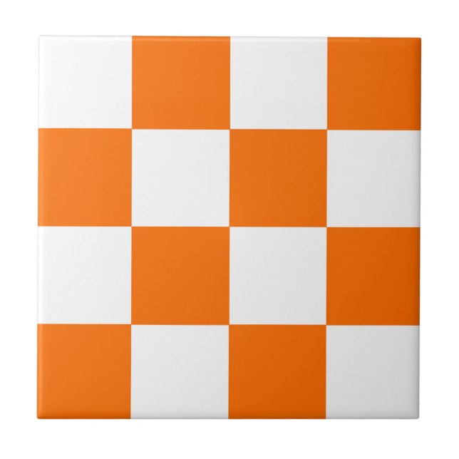Orange White Chequered Check Pattern Tile (Front)
