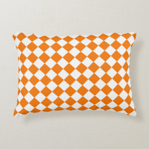 Orange White Chequered Diamond Pattern Accent Pillow
