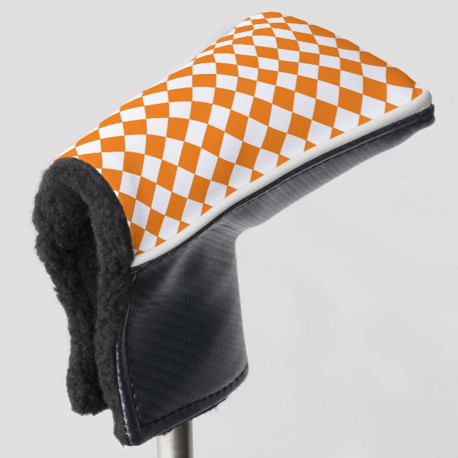 Orange White Chequered Diamond Pattern Golf Head Cover (3/4 Front)