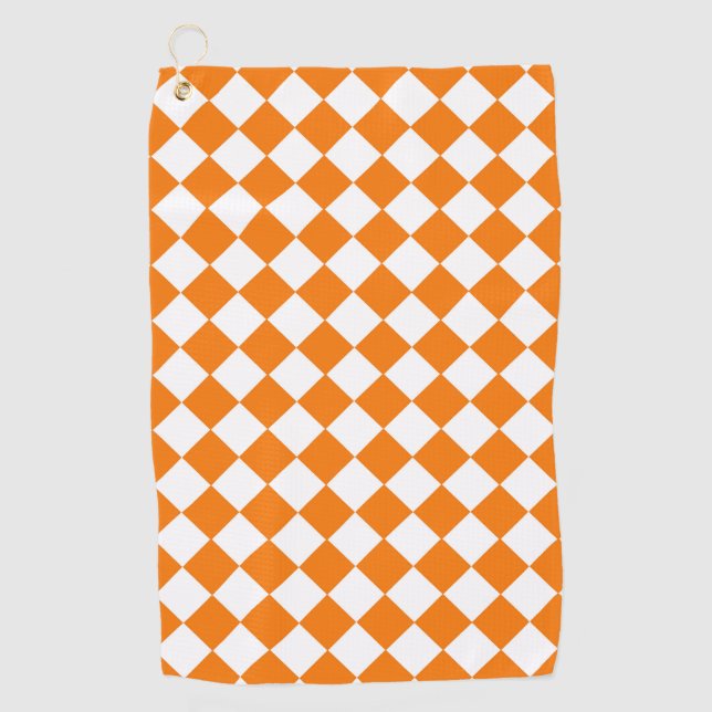 Orange White Chequered Diamond Pattern Golf Towel (Front)