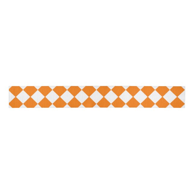 Orange White Chequered Diamond Pattern Grosgrain Ribbon (Front)