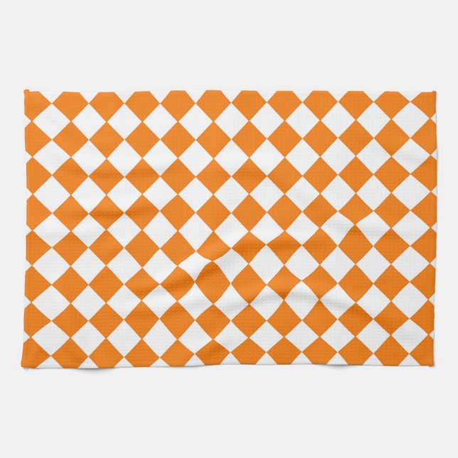 Orange White Chequered Diamond Pattern  Kitchen Towel (Horizontal)