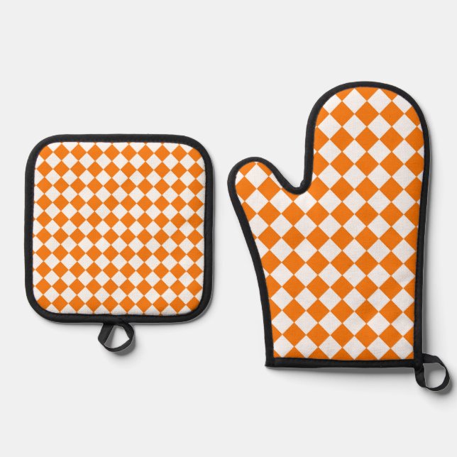 Orange White Chequered Diamond Pattern Oven Mitt & Pot Holder Set (Front)