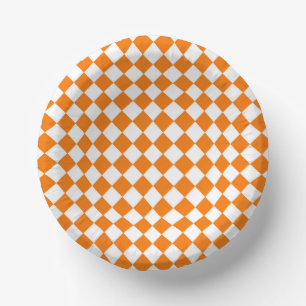 Orange White Chequered Diamond Pattern Paper Plate