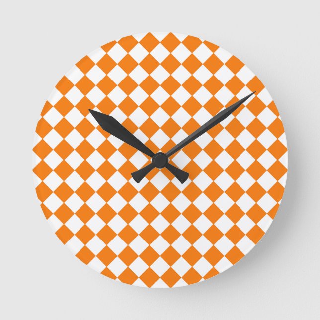 Orange White Chequered Diamond Pattern Round Clock (Front)