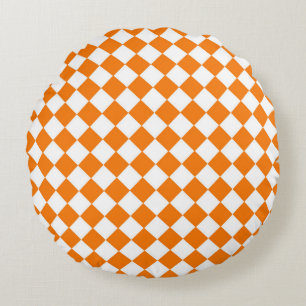 Orange White Chequered Diamond Pattern  Round Pillow