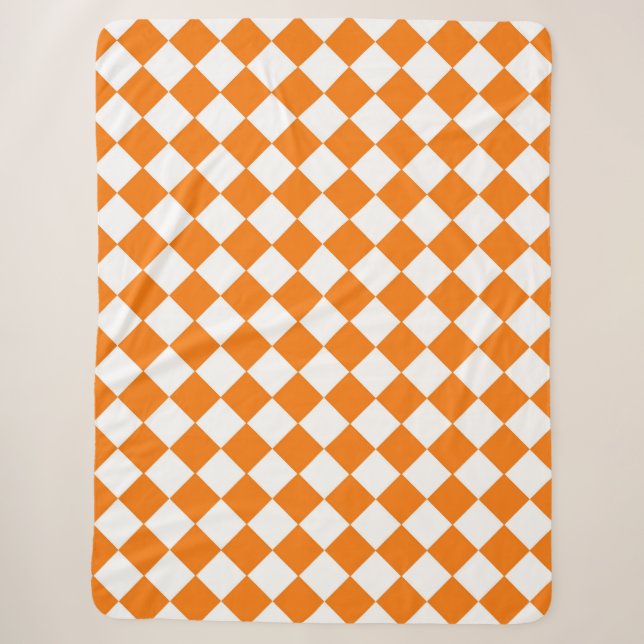 Orange White Chequered Diamond Pattern Sherpa Blanket (Front)