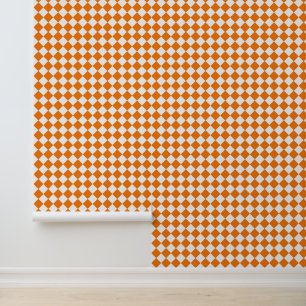 Orange White Chequered Diamond Pattern Wallpaper