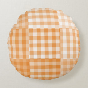 Orange White Chequered Patchwork Pattern Round Pillow