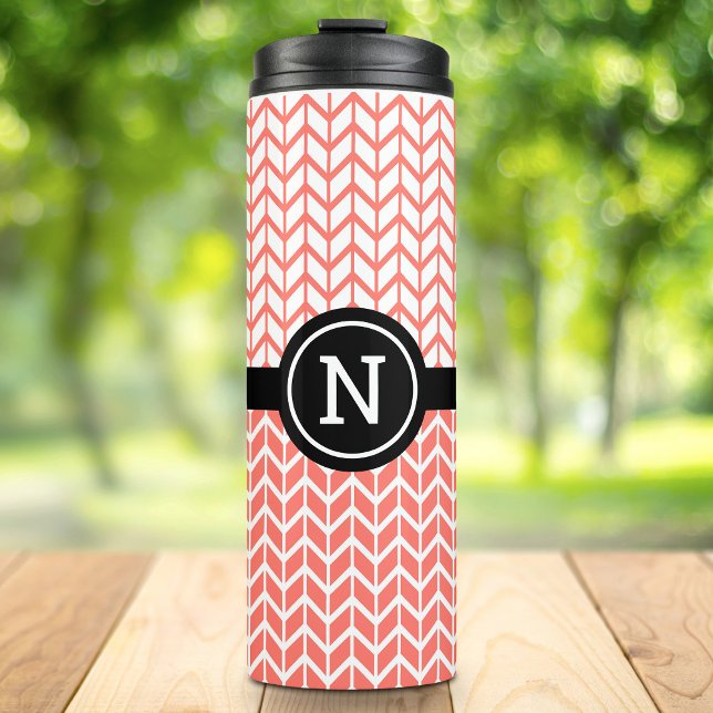 Orange White Chevron Pattern Monogram Sporty Bold Thermal Tumbler (Creator Uploaded)
