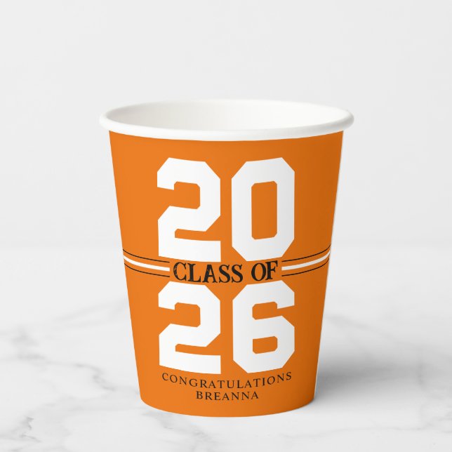 Orange & White Class of Personalized Graduation Paper Cups (Back)
