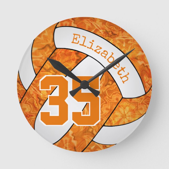 orange white colourful girly volleyball room custo round clock (Front)