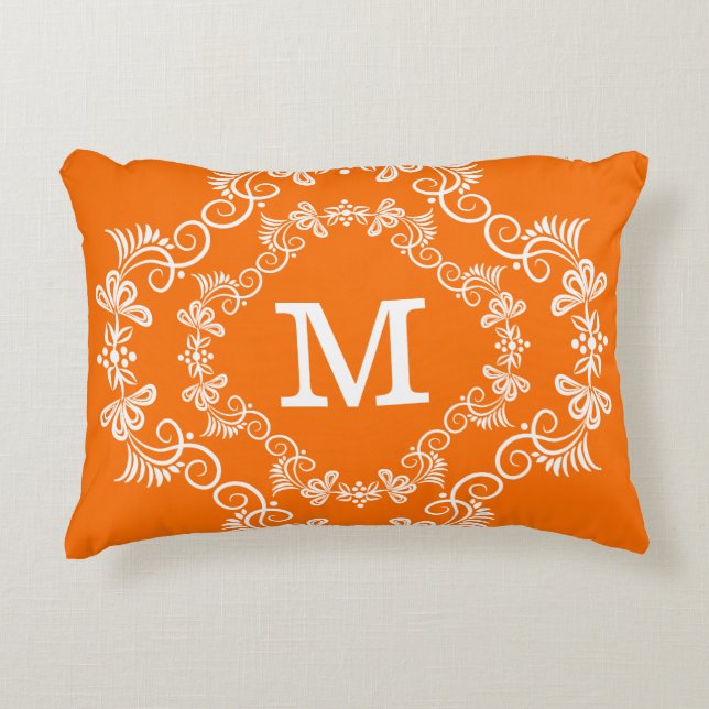 Orange White Custom Monogram Decorative Decorative Pillow (Front)