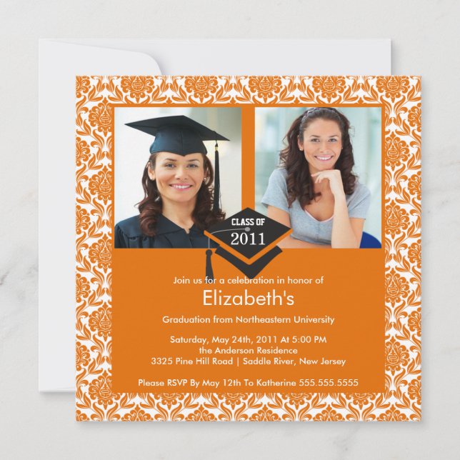 Orange & White Damask Photo Graduation Invitation (Front)