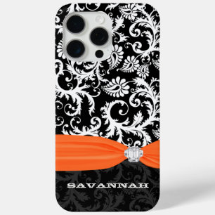 Orange & White Damask Printed Faux Rhinestone iPhone 15 Pro Max Case