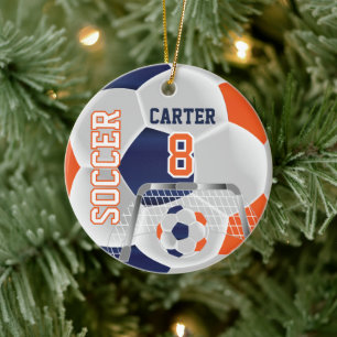 Orange, White & Dark Blue Personalize Soccer  ⚽ Ceramic Ornament
