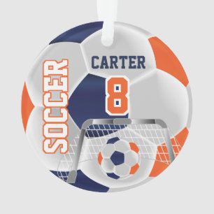 Orange, White & Dark Blue Personalize Soccer  ⚽ Ornament