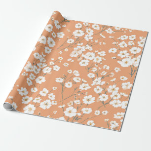 Orange White Ditsy Flower Pastel Boho 70s Vintage  Wrapping Paper