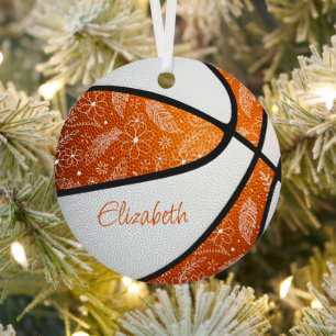 orange white doodle feathers boho basketball metal ornament