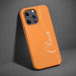 Orange White Elegant Calligraphy Script Name Case-Mate iPhone 14 Case<br><div class="desc">Orange White Elegant Calligraphy Script Custom Personalized Name iPhone 14 Smart Phone Cases features a modern and trendy simple and stylish design with your personalized name in elegant hand written calligraphy script typography on a orange background. Designed by ©Evco Studio www.zazzle.com/store/evcostudio</div>