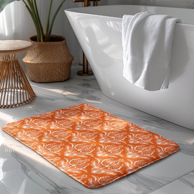 Orange & White Floral Art Deco Pattern Bath Mat (Creator Uploaded)