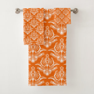 Orange & White Floral Art Deco Pattern Bath Towel Set