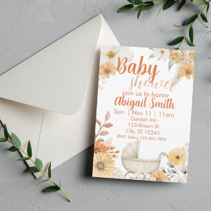 Orange & White Floral, Carriage Baby Shower Invitation