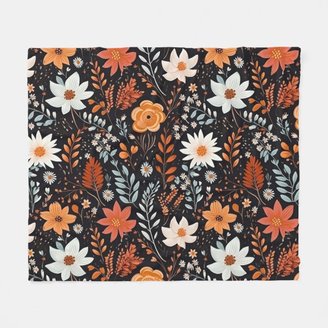 Orange White Flowers Black Fleece Blanket (Front (Horizontal))