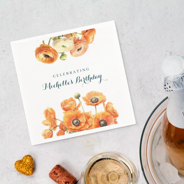 Orange White Garden Floral Birthday Party  Napkin (Creator Uploaded)