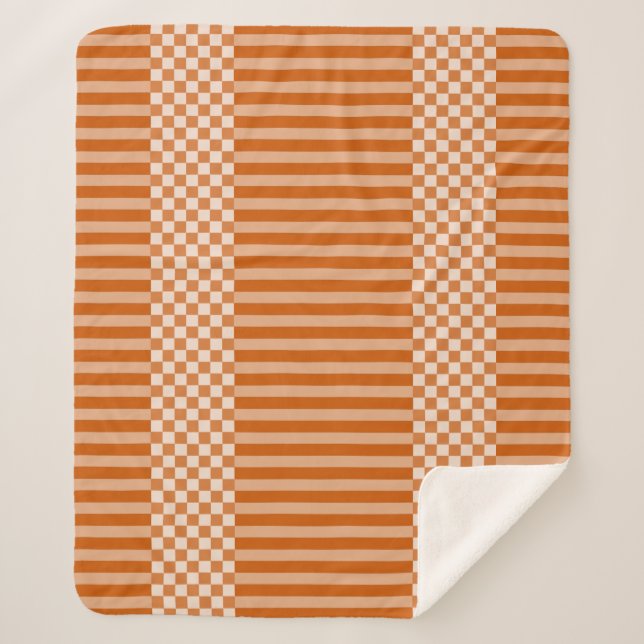 Orange & White Geometric Checkers & Stripes Sherpa Blanket (Front)
