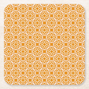 Orange White Geometric Seamless Pattern Square Paper Coaster