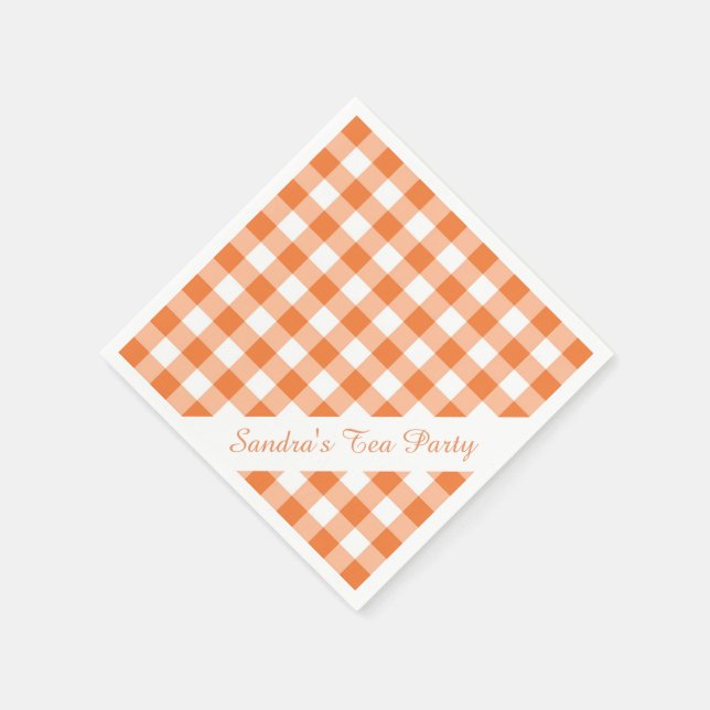 Orange White Gingham Pattern Personalized Party Napkin (Corner)