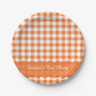 Orange White Gingham Pattern Personalized Party Paper Plate