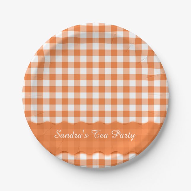 Orange White Gingham Pattern Personalized Party Paper Plate (Front)