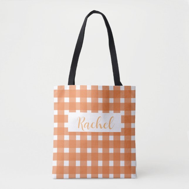 Orange White Gingham Personalized   Tote Bag (Front)