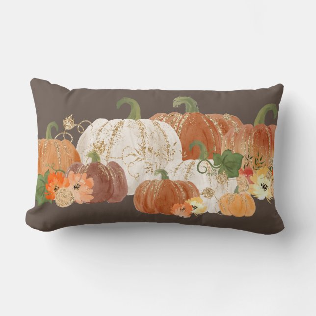 Orange White Gold Pumpkins Fall Autumn Country Lumbar Pillow (Front)