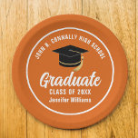 Orange White Graduate Custom 2025 Graduation Party Paper Plate<br><div class="desc">This modern orange and white custom graduation party paper plate features classy typography of your high school or college name for the class of 2025. Customize with your graduating year under the chic handwritten script and black grad cap for great personalized graduate decor.</div>