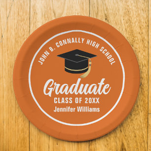 Orange White Graduate Custom 2025 Graduation Party Paper Plate