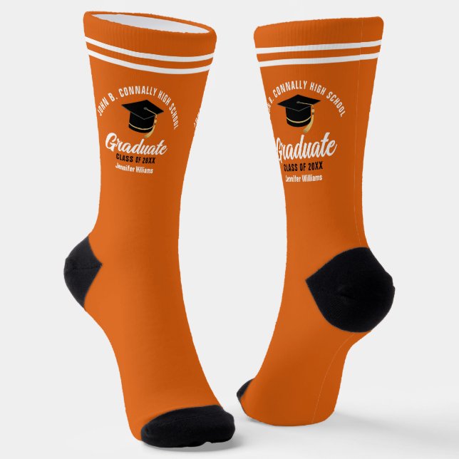 Orange White Graduate Personalized 2025 Graduation Socks (Angled)