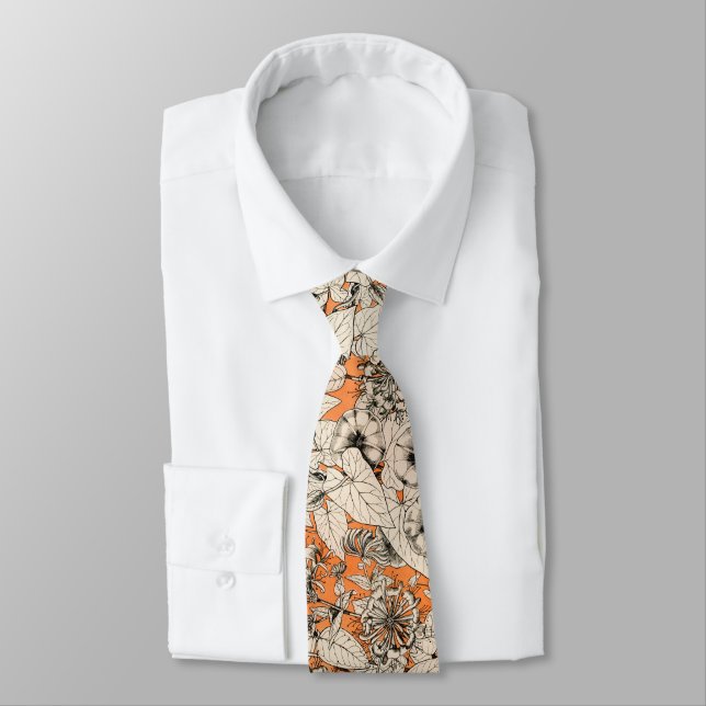 Orange White Graphic Flowers Pattern Tie (Tied)