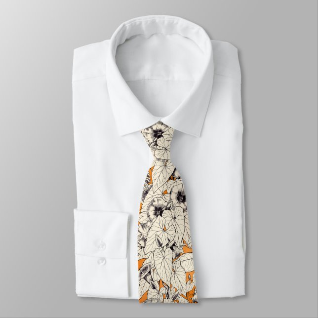 Orange White Graphic Flowers Pattern Tie (Tied)